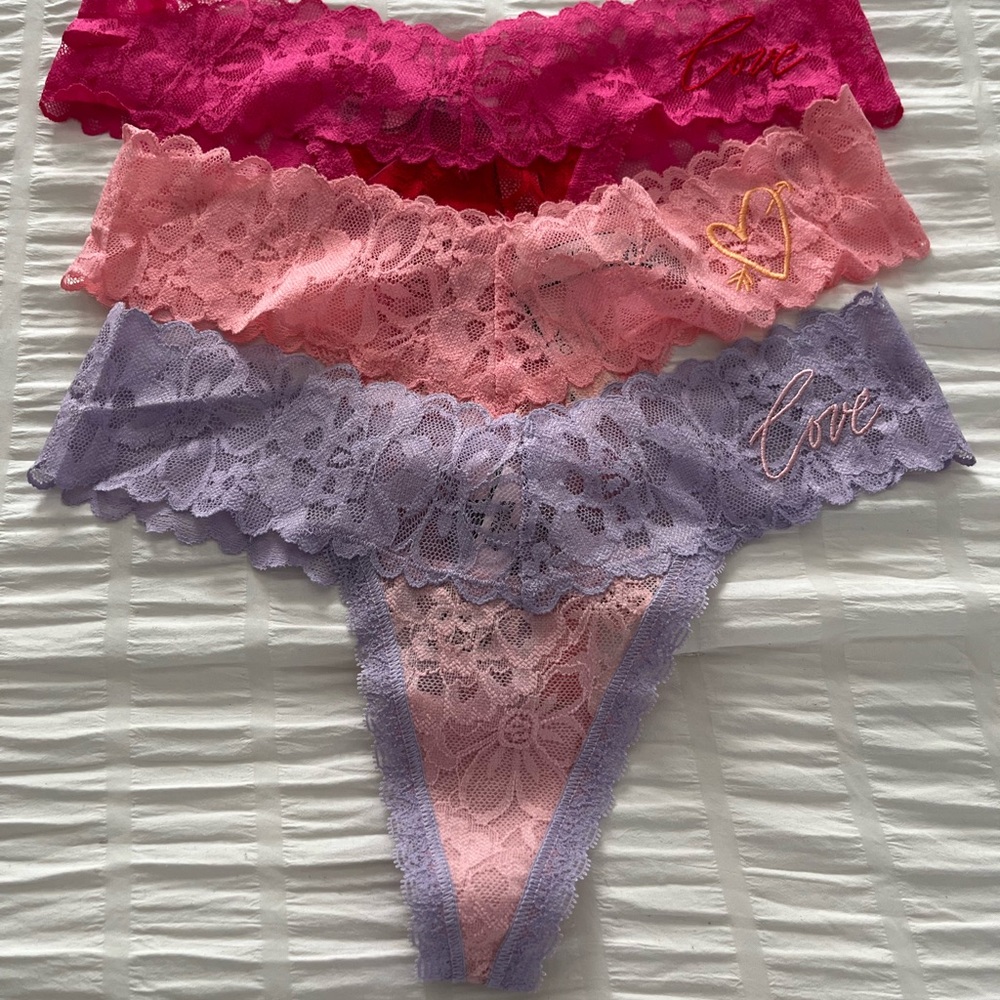 NWT Victoria’s Secret Lace Hipster Thong Trio - Pink, Hot Pink & Lavender Size S